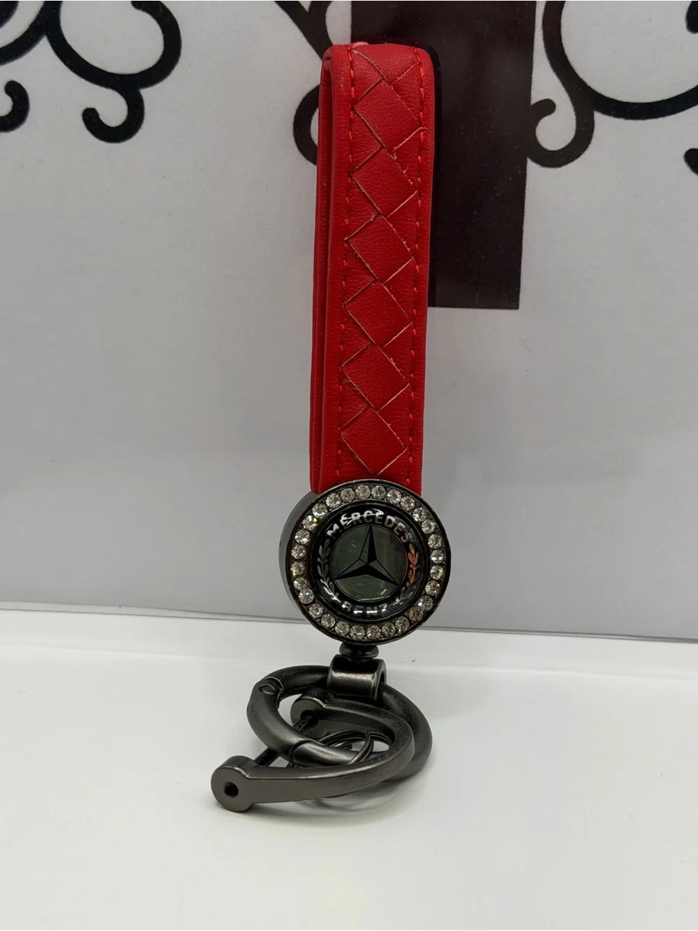 Mercedes Red Quilted Key & Card Holder Strap with Rhinestone Emblem